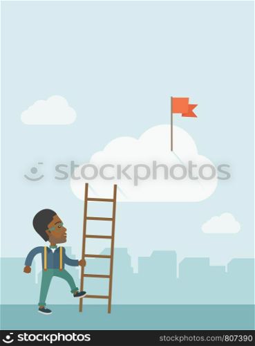 An african man standing while holding the career ladder to get the red flag in the cloud. Career, success concept. A contemporary style with pastel palette soft blue tinted background with desaturated clouds. Vector flat design illustration. Vertical layout with text space on top part.. African man with career ladder.