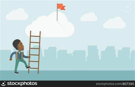 An african man standing while holding the career ladder to get the red flag in the cloud. Career, success concept. A contemporary style with pastel palette soft blue tinted background with desaturated clouds. Vector flat design illustration. Horizontal layout.. African man with career ladder.