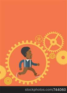 An african man with a beard is running inside the gear. Business in action concept. A Contemporary style with pastel palette, orange tinted background. Vector flat design illustration. Vertical layout with text space on top part.. Afican man running inside a gear.