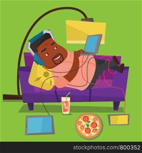 An african man with belly relaxing on a sofa with many gadgets. Man lying on a sofa surrounded by gadgets and fast food. Fat man using gadgets at home. Vector flat design illustration. Square layout.. Man lying on sofa with many gadgets.