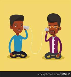 An african men discussing something using tin can telephone. Guy getting good message from friend on tin can phone. Friends talking through a tin phone. Vector flat design illustration. Square layout. Young friends talking through tin phone.