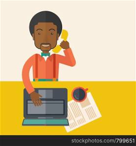 An african Office man sitting at his working desk with his laptop and having a telephone conversation. Business concept. A Contemporary style with pastel palette, soft beige tinted background. Vector flat design illustration. Square layout. . African Office man sitting at his working desk.