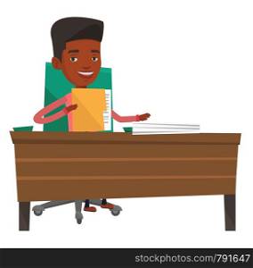 An african office worker working with documents. Office worker sitting at the table with documents. Office worker inspecting documents. Vector flat design illustration isolated on white background.. Office worker working with documents.