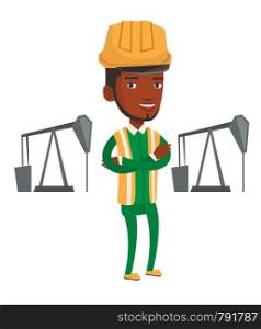 An african oil worker in uniform and helmet. Oil worker standing with crossed arms. Oil worker standing on the background of pump jack. Vector flat design illustration isolated on white background.. Cnfident oil worker vector illustration.
