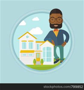 An african real estate agent standing near the house. Real estate agent leaning on the house. Real estate agent offering house. Vector flat design illustration in the circle isolated on background.. Real estate agent offering house.