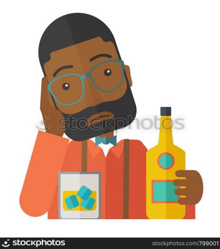 An african sad man is having a problem drinking beer in the bar. Depressed concept. A Contemporary style. Vector flat design illustration isolated white background. Square layout.. Sad african man alone in the bar drinking beer.