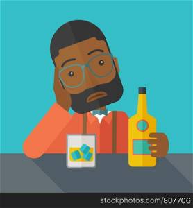 An african sad man is having a problem drinking beer in the bar. Depressed concept. A contemporary style with pastel palette dark blue tinted background. Vector flat design illustration. Square layout. . Sad african man alone in the bar drinking beer.