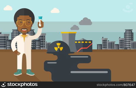 An african scientist with mask and holding a test tube doing a research. A Contemporary style with pastel palette, soft blue tinted background with desaturated clouds. Vector flat design illustration. Horizontal layout.. African Scientist with mask and test tube.