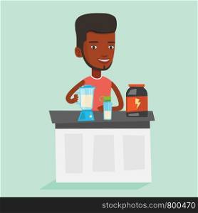 An african sportsman making protein shake using blender. Man preparing protein cocktail of bodybuilding food supplements. Man cooking protein cocktail. Vector flat design illustration. Square layout.. Young man making protein cocktail.