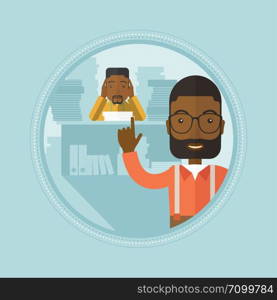 An african stressed office worker looking at his employer. Stressful employee sitting at workplace. Concept of stress at work. Vector flat design illustration in the circle isolated on background.. Stressed office worker and his employer.