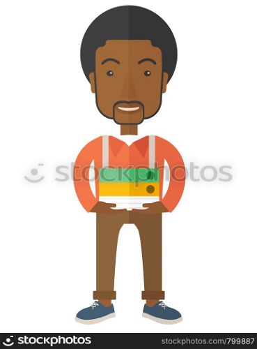 An african Stressful but happy employee standing in office carrying his finished file report ready to submit to his superior. Busy concept. A Contemporary style. Vector flat design illustration isolated white background. Vertical layout.. African Streesful employee