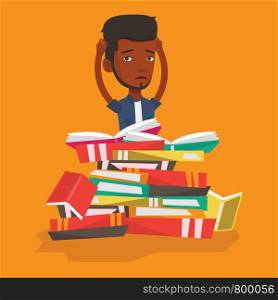 An african student sitting in huge pile of books. Exhausted student preparing for exam with books. Stressed student reading books. Concept of education. Vector flat design illustration. Square layout.. Student sitting in huge pile of books.