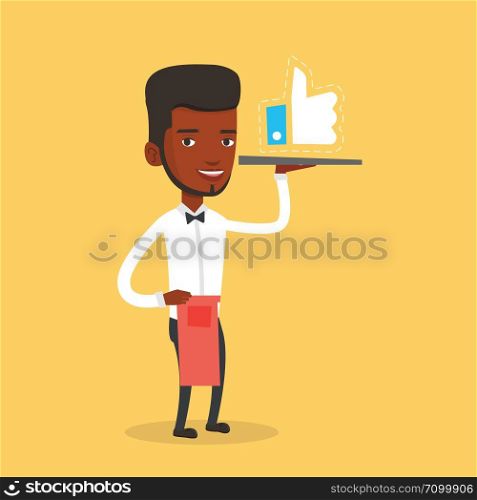 An african waiter carrying tray with social network like button. Waiter holding restaurant tray with like button. Waiter with social network button. Vector flat design illustration. Square layout.. Waiter with like button vector illustration.