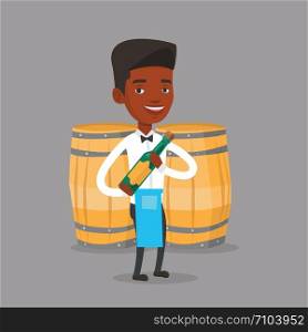 An african waiter holding a bottle of wine. Waiter with bottle in hands standing on the background of wine barrels. Waiter presenting a wine bottle. Vector flat design illustration. Square layout.. Waitress holding bottle of alcohol.
