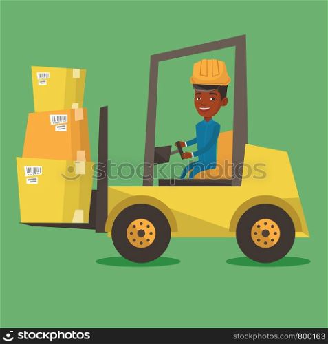 An african warehouse worker loading cardboard boxes. Forklift driver at work in storehouse. Warehouse worker in hard hat driving forklift at warehouse. Vector flat design illustration. Square layout.. Warehouse worker moving load by forklift truck.