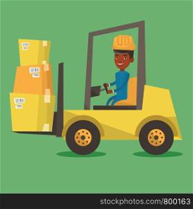 An african warehouse worker loading cardboard boxes. Forklift driver at work in storehouse. Warehouse worker in hard hat driving forklift at warehouse. Vector flat design illustration. Square layout.. Warehouse worker moving load by forklift truck.