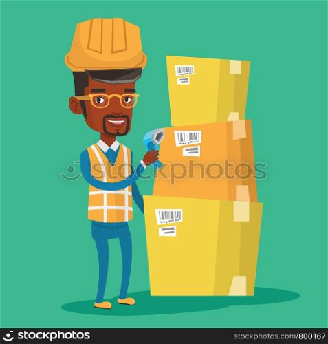An african warehouse worker scanning barcode on box. Warehouse worker checking barcode of box with a scanner. Warehouse worker in hard hat with scanner. Vector flat design illustration. Square layout.. Warehouse worker scanning barcode on box.