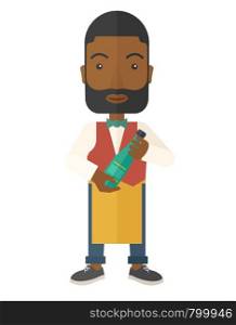 An african wine maker standing wearing his apron holding a bottle of wine. A Contemporary style. Vector flat design illustration isolated white background. Vertical layout. African Wine maker inspecting wine.