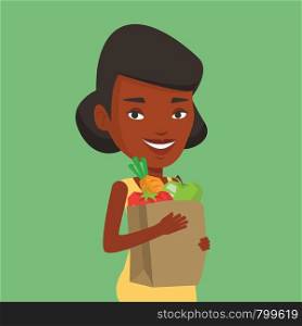 An african woman carrying grocery shopping bag with vegetables. Woman holding grocery shopping bag with healthy food. Girl with grocery shopping bag. Vector flat design illustration. Square layout. Happy woman holding grocery shopping bag.