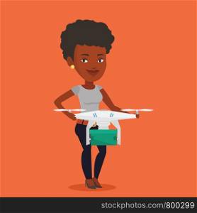 An african woman controlling delivery drone with post package. Woman getting post package from delivery drone. Woman sending parcel with delivery drone. Vector flat design illustration. Square layout.. Woman controlling delivery drone with post package
