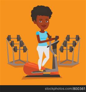 An african woman exercising on elliptical trainer. Woman working out using elliptical trainer in the gym. Woman doing exercises on elliptical trainer. Vector flat design illustration. Square layout.. Woman exercising on elliptical trainer.