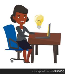 An african woman having a business idea. Young businesswoman working on laptop on a new business idea. Successful business idea concept. Vector flat design illustration isolated on white background.. Successful business idea vector illustration.
