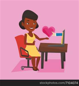 An african woman looking for online date on the internet. Woman using laptop and dating online. Woman dating online and getting virtual love message. Vector flat design illustration. Square layout.. Young woman dating online using laptop.