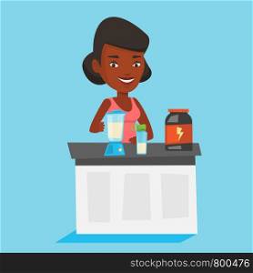 An african woman making protein shake using blender. Woman preparing protein cocktail of bodybuilding food supplements. Woman cooking protein cocktail. Vector flat design illustration. Square layout.. Young woman making protein cocktail.
