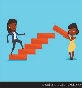 An african woman runs up the career ladder while another woman builds this ladder. Business woman climbing the career ladder. Concept of business career. Vector flat design illustration. Square layout. Business woman runs up the career ladder.