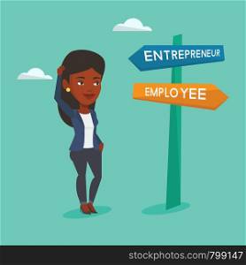 An african woman standing at road sign with two career ways - entrepreneur and employee. Woman choosing career way. Woman making a decision of career. Vector flat design illustration. Square layout. Confused woman choosing career pathway.