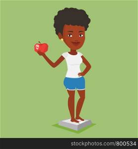 An african woman with apple in hand weighing after diet. Woman satisfied with result of her diet. Woman on a diet. Dieting and healthy lifestyle concept. Vector flat design illustration. Square layout. Woman standing on scale and holding apple in hand.