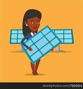 An african worker of solar power plant holding solar panel in hands. Vector flat design illustration. Square layout.. Woman holding solar panel vector illustration.