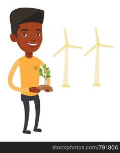 An african worker of wind farm. Man holding in hands green small plant in soil on the background of wind turbines. Green energy concept. Vector flat design illustration isolated on white background.. Man holding green small plant vector illustration.