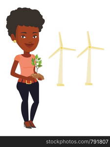 An african worker of wind farm. Woman holding in hands green small plant in soil on the background of wind turbines. Green energy concept. Vector flat design illustration isolated on white background.. Woman holding green small plant.