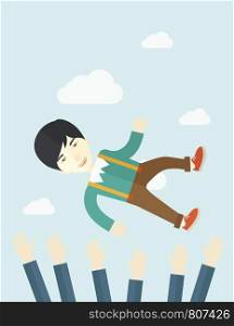 An aggressive japanese businessman being throwing up to the sky by his teamwork or colleague. Happiness concept. A contemporary style with pastel palette soft blue tinted background with desaturated clouds. Vector flat design illustration. Vertical layout.. Aggressive japanese businessman.