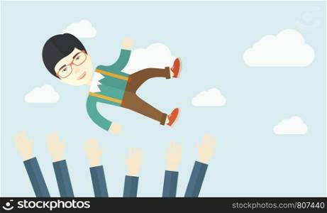 An aggressive japanese businessman being throwing up to the sky by his teamwork or colleague. Happiness concept. A contemporary style with pastel palette soft blue tinted background with desaturated clouds. Vector flat design illustration. Horizontal layout. . Aggressive japanese businessman.