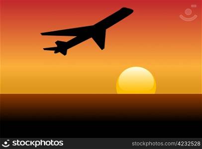 An airline jet silhouette takes off and climbs into a sunset or dawn.