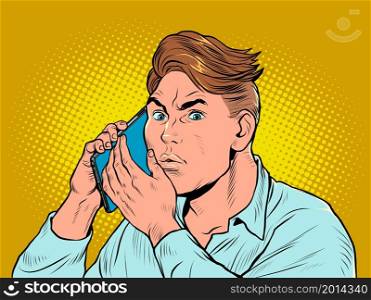 an alarmed man is talking on the phone. Pop Art Retro Vector Illustration Kitf Vintage 50s 60s Style. an alarmed man is talking on the phone