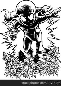 An alien attack a cannabis garden Silhouette Vector illustrations for your work Logo, mascot merchandise t-shirt, stickers and Label designs, poster, greeting cards advertising business company or brands.