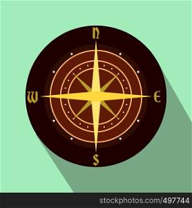 An ancient compass flat icon on a light blue background. An ancient compass flat icon
