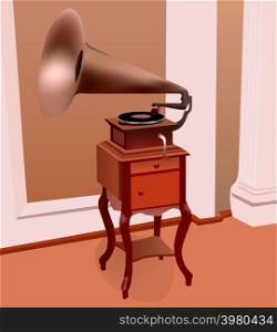 An ancient gramophone in the room of the last century. A retro gramophone with a copper pipe and a vinyl plate is in the old room.