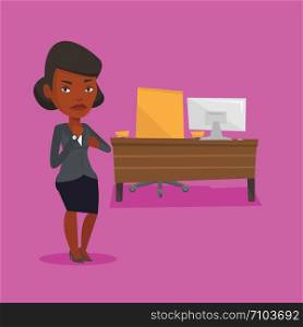 An angry african-american employer pointing at time on her wrist watch. Boss checking time of coming of latecomer employee. Concept of late to work. Vector flat design illustration. Square layout.. Angry employer pointing at wrist watch.
