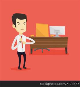 An angry employer pointing at time on wrist watch. Asian employer checking time of coming of his latecomer employee. Concept of late to work. Vector flat design illustration. Square layout.. Angry employer pointing at wrist watch.