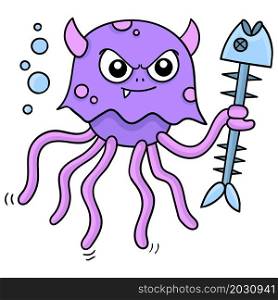 an angry evil faced jellyfish is holding a spiked fishbone stick weapon