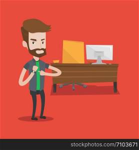 An angry hipster businessman with the beard standing in the office and pointing at his wrist watch. Concept of late to work, deadline. Vector flat design illustration. Square layout.. Angry businessman pointing at wrist watch.