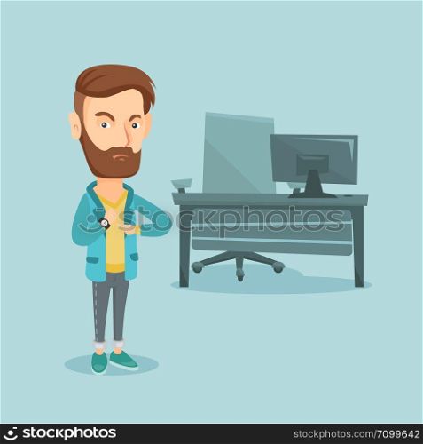 An angry hipster employer pointing at time on wrist watch. Caucasian employer checking time of coming of latecomer employee. Concept of late to work. Vector flat design illustration. Square layout.. Angry employer pointing at wrist watch.