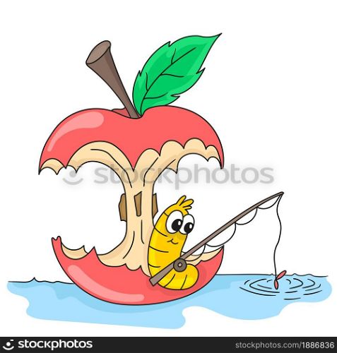 an apple caterpillar is fishing. cartoon illustration sticker emoticon