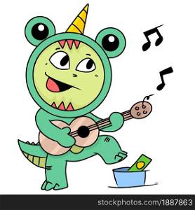 an artist is singing in a monster costume. cartoon illustration sticker emoticon