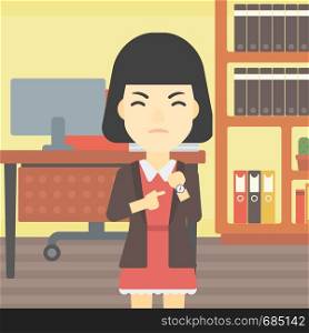 An asian angry business woman standing in the office and pointing at her wrist watch. Vector flat design illustration. Square layout.. Angry business woman pointing at wrist watch.