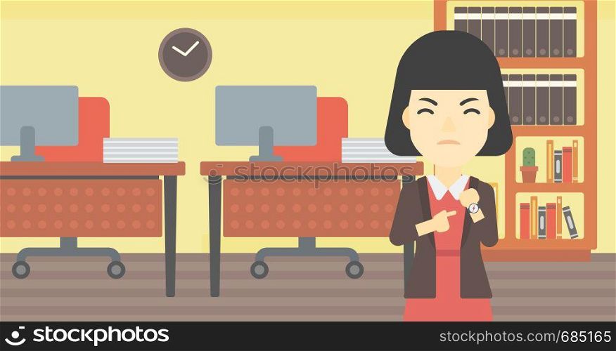 An asian angry business woman standing in the office and pointing at her wrist watch. Vector flat design illustration. Horizontal layout.. Angry business woman pointing at wrist watch.